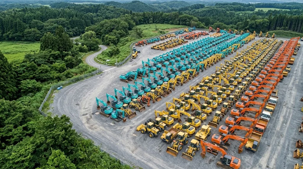 Aerial view of the Kenki World yard in Tsukuba, with rows of used excavators, loaders and dump trucks